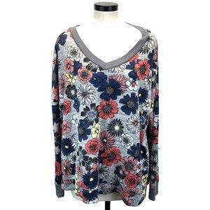 SECRET TREASURES TOP WOMAN'S Size 2X (18W-20W) GRAY FLORAL SOFT DROP SHOULDER